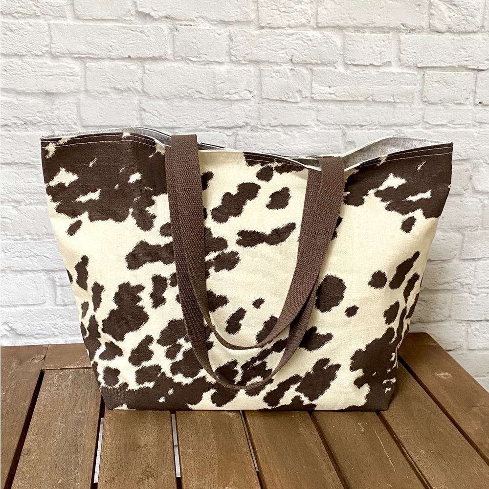 Handmade Foldable Travel/Market Tote - Brown/Cream Cowhide Print